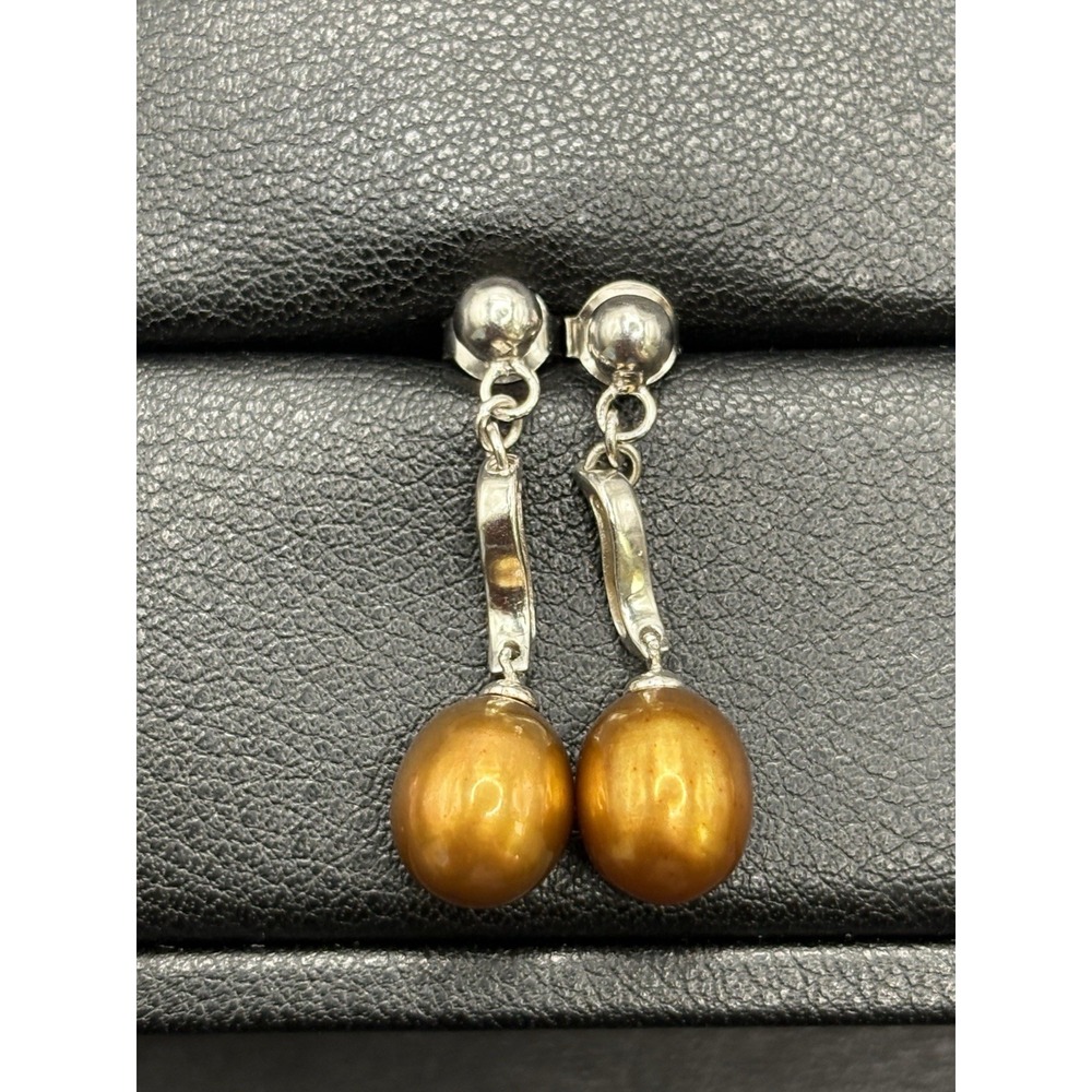 New Condition Sterling Silver Cognae Pearl Dangle Earrings H25